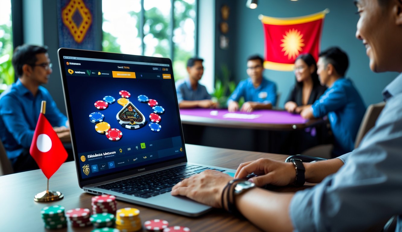 Seorang pria menggunakan laptop di meja dengan permainan poker online di layar, dengan elemen budaya Indonesia di latar belakang.