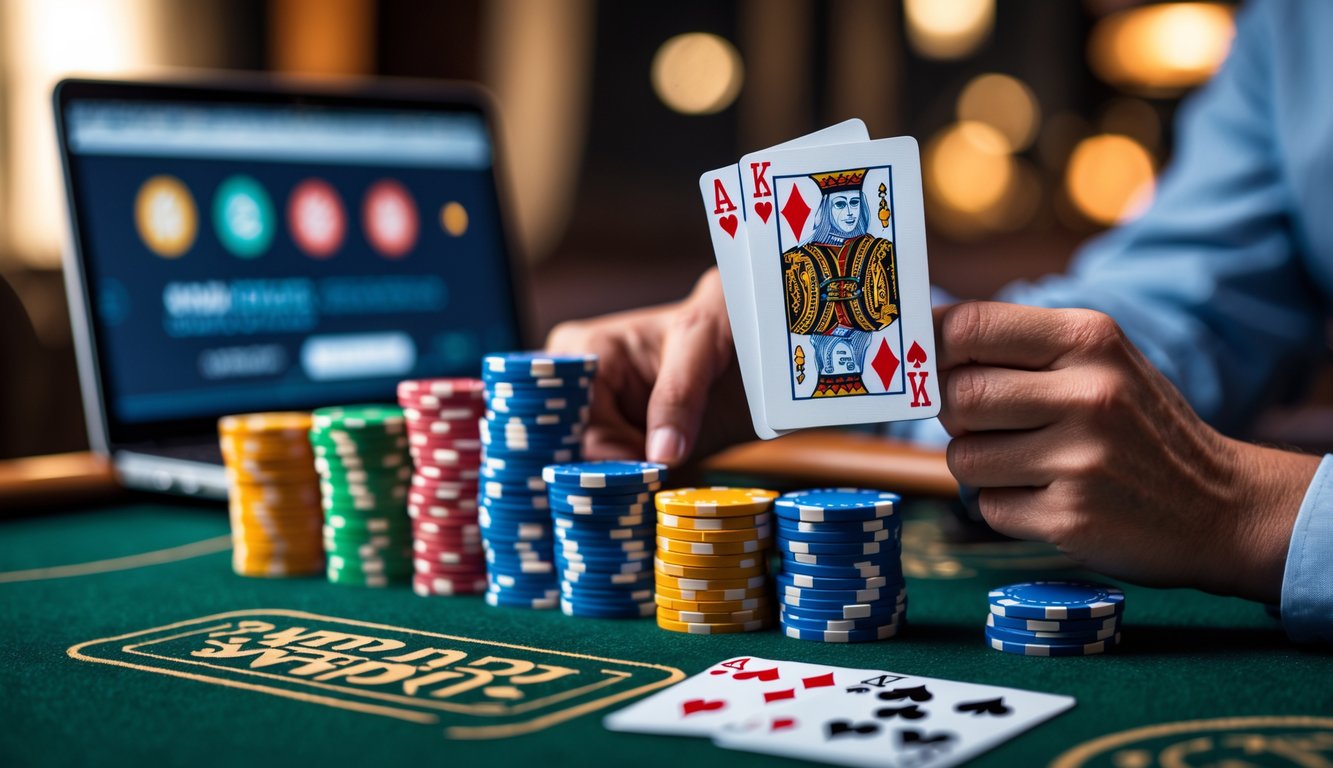 Meja poker dengan tumpukan chip warna-warni dan tangan memegang kartu poker yang kuat, menggambarkan suasana permainan poker yang menarik dan menguntungkan.