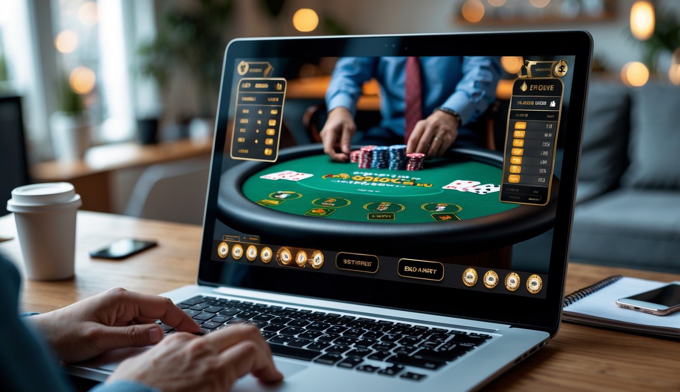 Seseorang bermain poker online dengan uang asli menggunakan laptop di ruang tamu yang nyaman.