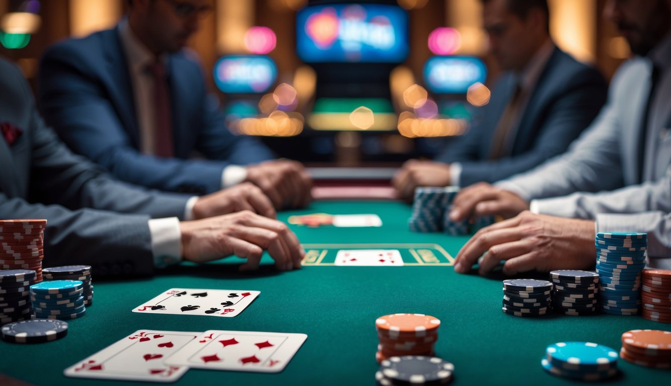 Meja poker dengan chip dan kartu di kasino mewah dengan pencahayaan hangat dan suasana fokus