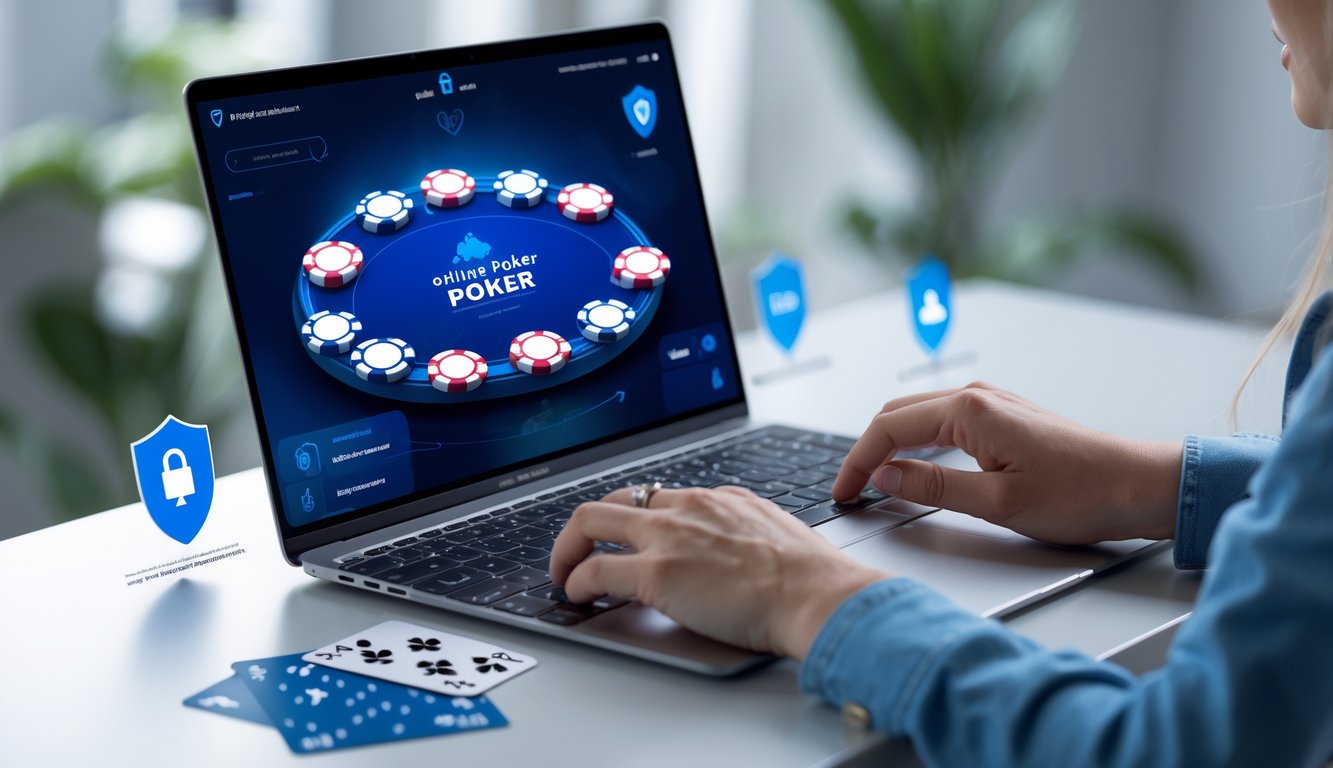 Seseorang menggunakan komputer dengan tampilan permainan poker online yang aman dan terpercaya di layar.