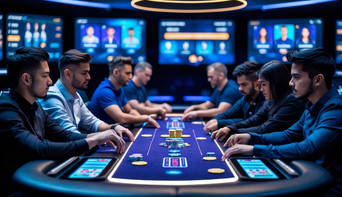 Sekelompok pemain poker online sedang bermain di meja poker modern dengan layar digital dan suasana futuristik.