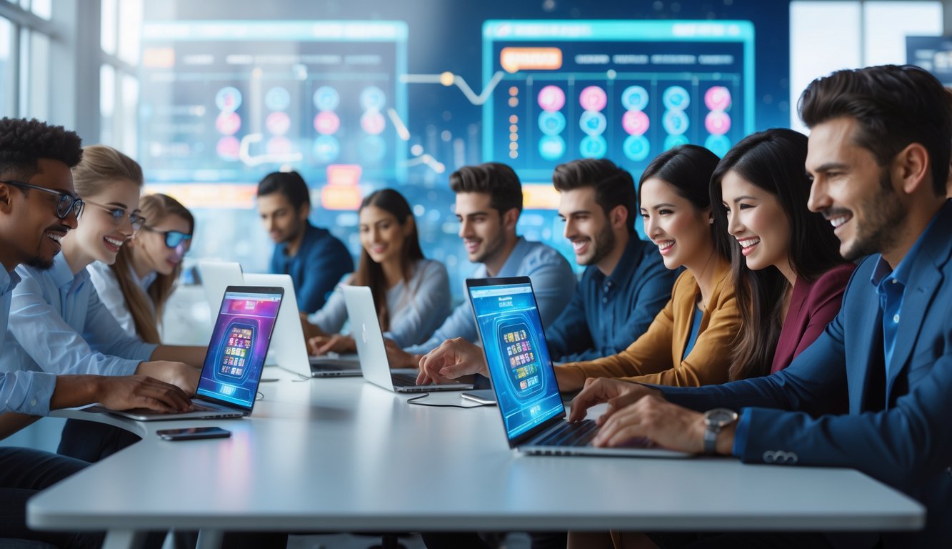 Sekelompok orang muda menggunakan laptop dan ponsel di kantor modern dengan layar digital berwarna-warni di latar belakang.