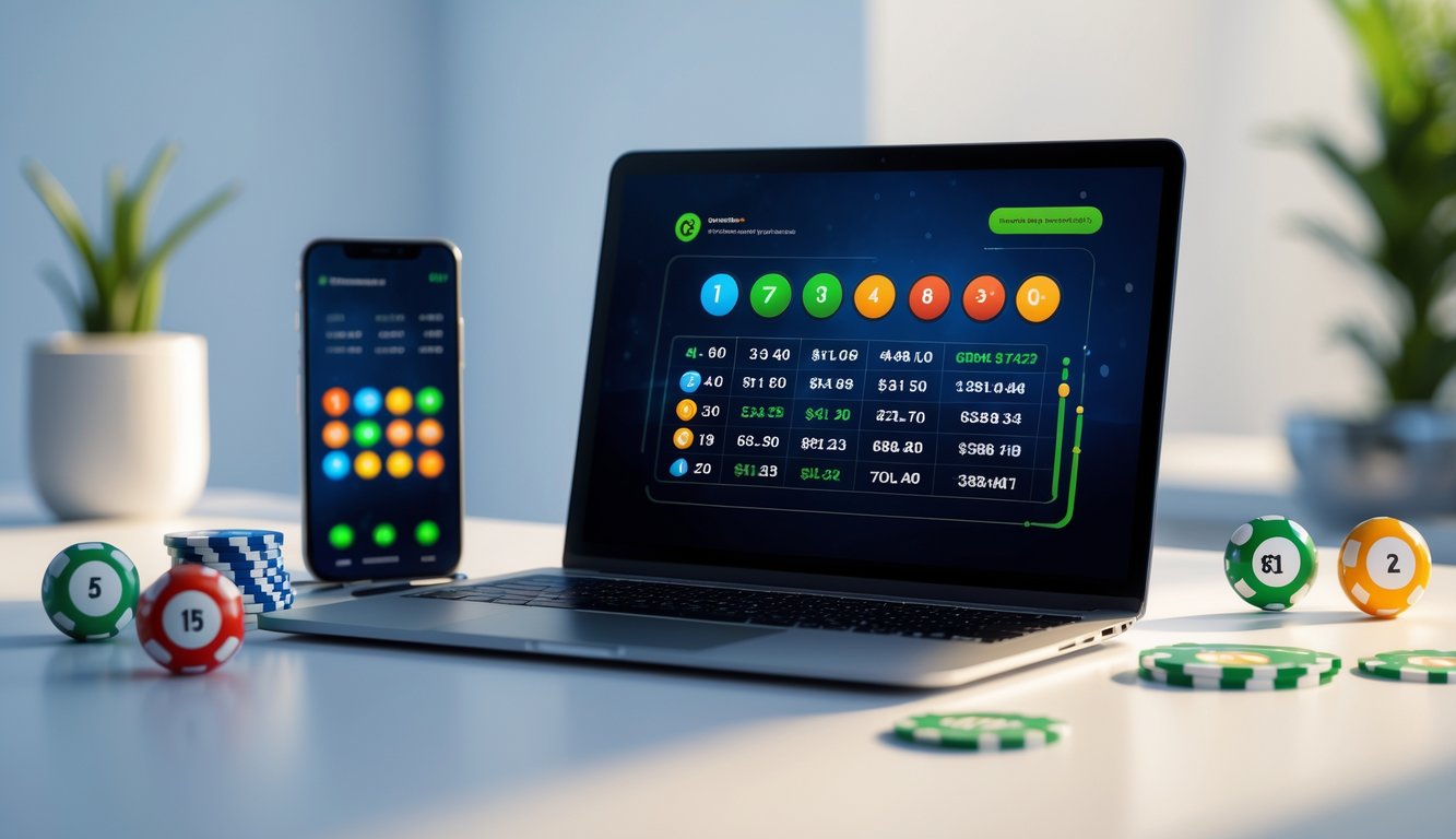 Meja kerja dengan laptop dan smartphone yang menampilkan antarmuka permainan lotere online, dikelilingi oleh chip poker dan bola lotere.