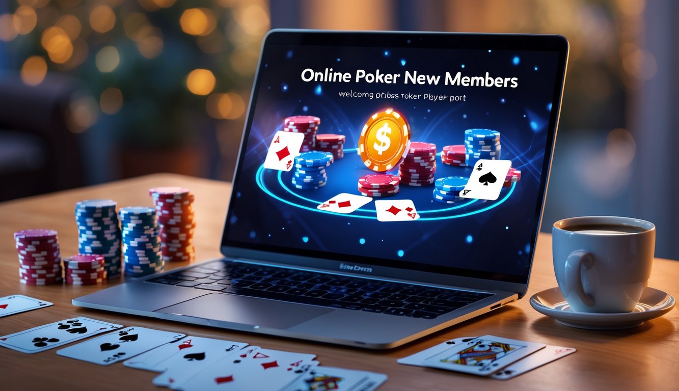 Seorang pemain duduk di depan laptop dengan permainan poker online dan tumpukan chip poker di meja.