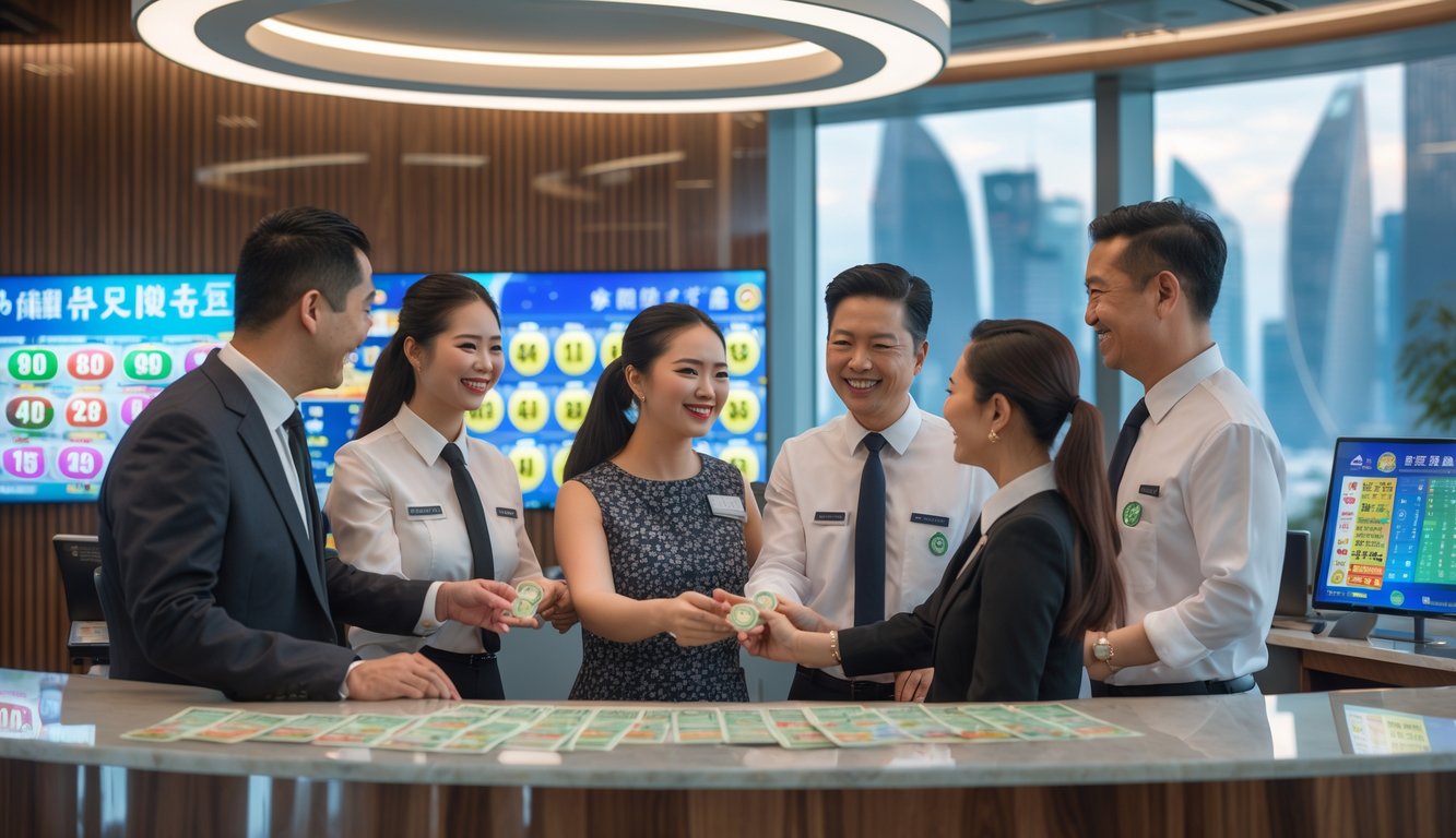 Suasana kantor lotere modern di Macau dengan pelanggan dan staf yang berinteraksi di dalam ruangan yang terang dan rapi.