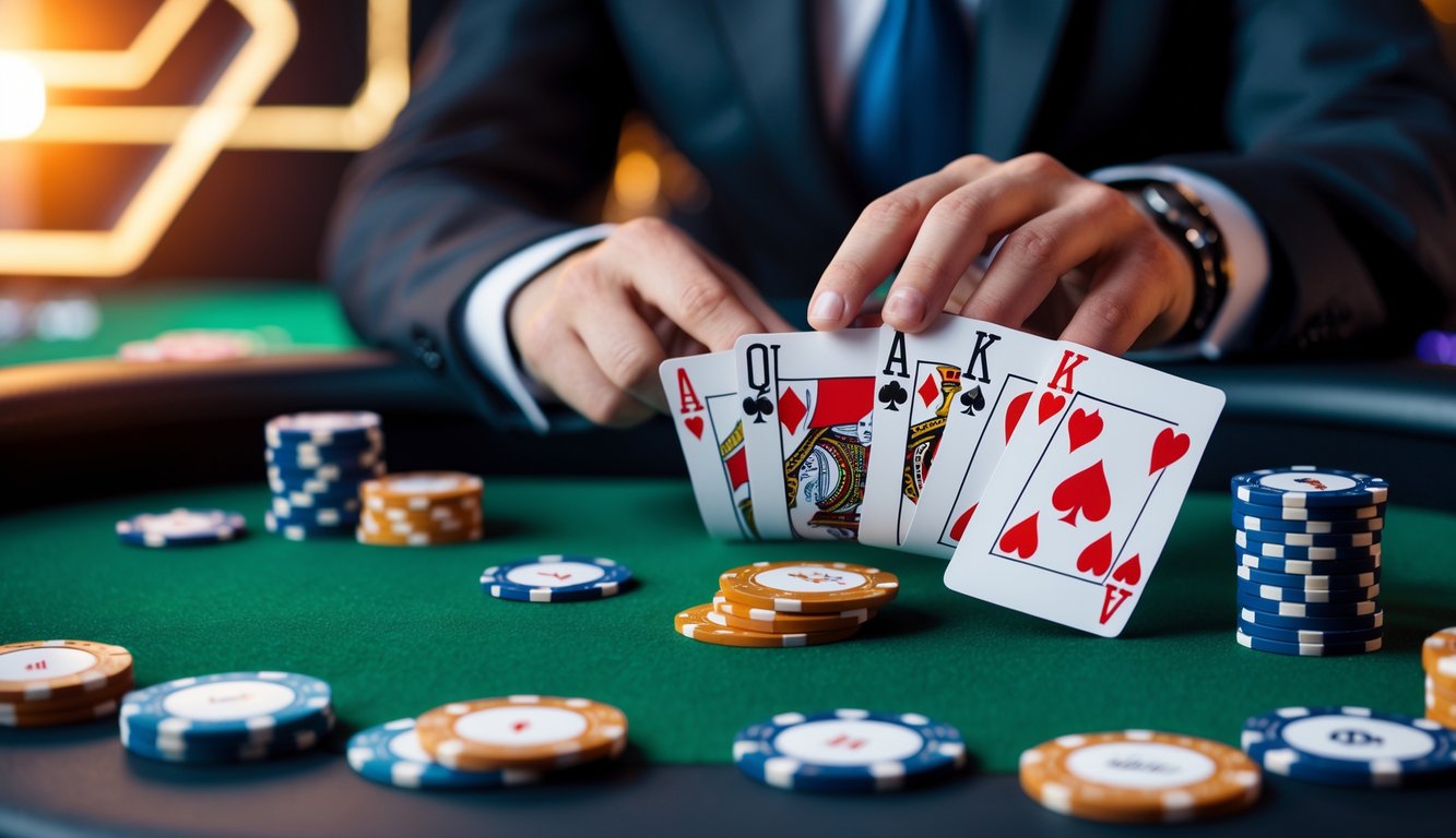 Meja poker dengan chip warna-warni dan kartu yang tersusun rapi, menunjukkan suasana permainan poker yang profesional dan menarik.