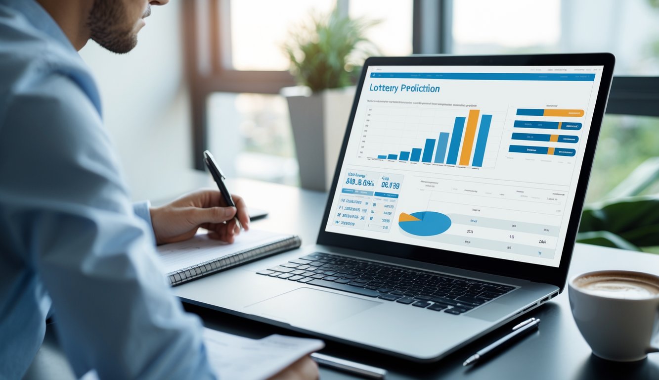 Sebuah ruang kerja modern dengan laptop, catatan, dan cangkir kopi, menampilkan suasana analisis data togel.
