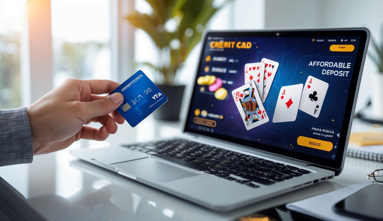 Seseorang menggunakan laptop untuk bermain poker online dengan kartu dan chip terlihat di layar, sambil memegang kartu kredit atau ponsel untuk melakukan deposit.