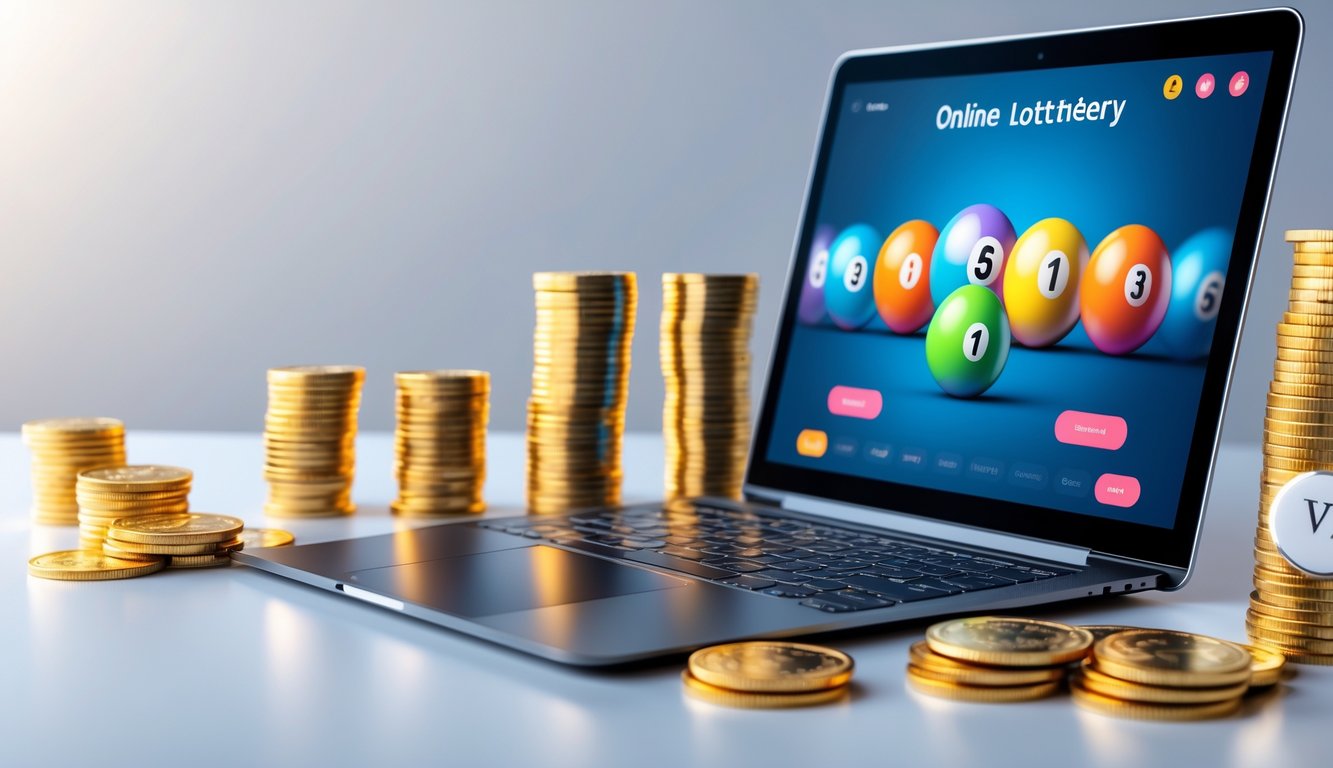 Meja kerja modern dengan laptop yang menampilkan bola togel berwarna-warni dan koin emas di sekitarnya.