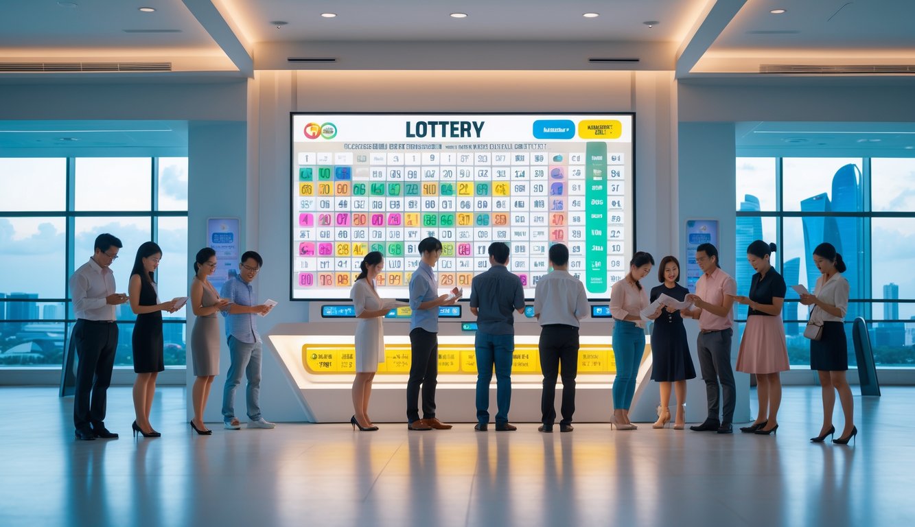 Orang-orang memeriksa tiket lotere di ruangan modern dengan pemandangan kota Singapura di latar belakang.