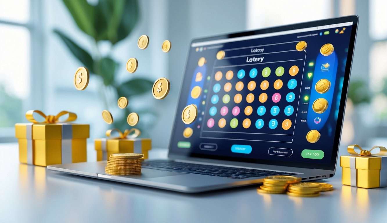Meja kerja modern dengan laptop menampilkan antarmuka lotre online dan koin emas di sekitarnya.
