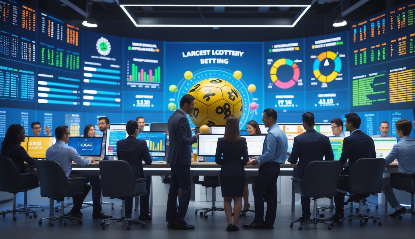 Sekelompok profesional sedang menganalisis data lotre di ruang kantor modern dengan layar besar menampilkan grafik dan angka.