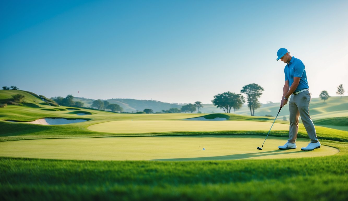 Seorang pegolf sedang bersiap mengambil pukulan di lapangan golf yang hijau dan terawat dengan langit biru cerah.