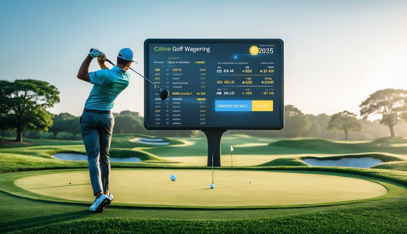 Seorang pegolf sedang mengayunkan stik golf di lapangan hijau dengan latar belakang papan skor digital yang menampilkan statistik taruhan golf online.