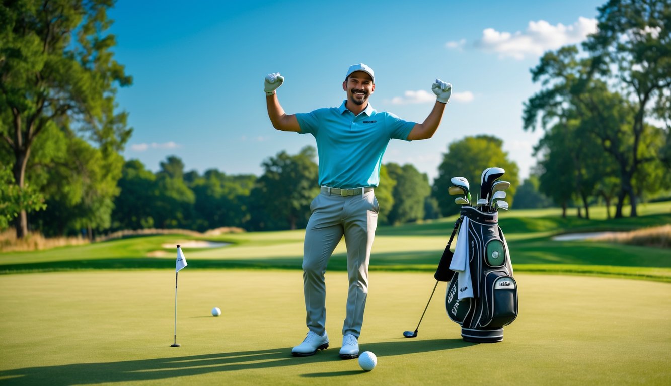 Seorang pegolf merayakan kemenangan di lapangan golf yang hijau dan cerah.