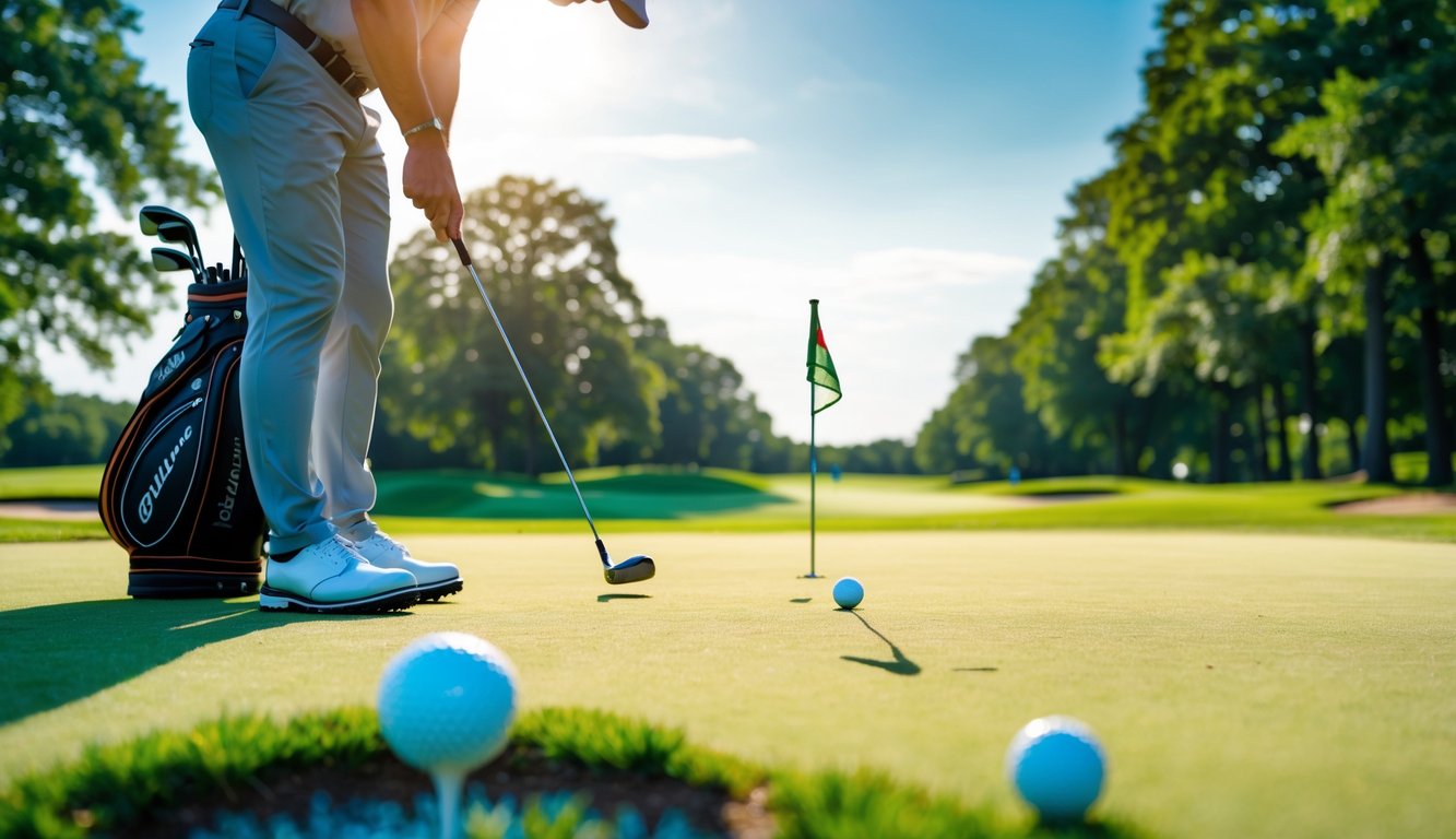 Seorang pegolf sedang bersiap memukul bola golf di lapangan hijau dengan bendera lubang terlihat di latar belakang.
