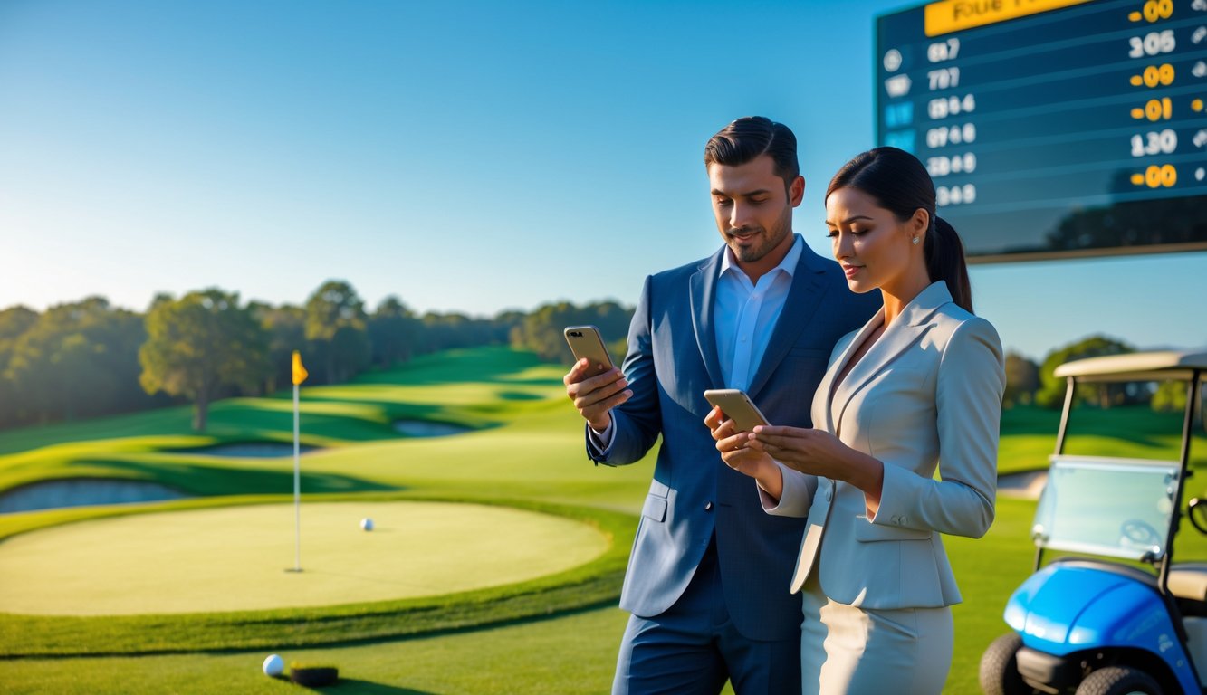 Dua orang berdiri di dekat lapangan golf, melihat perangkat digital sambil memperhatikan skor dan taruhan golf.