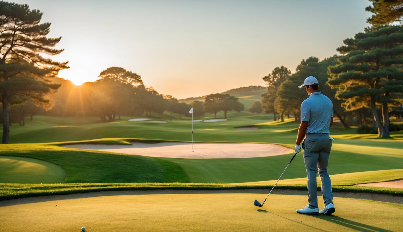 Seorang pegolf sedang bersiap memukul bola di lapangan golf yang hijau dan indah saat matahari terbit.