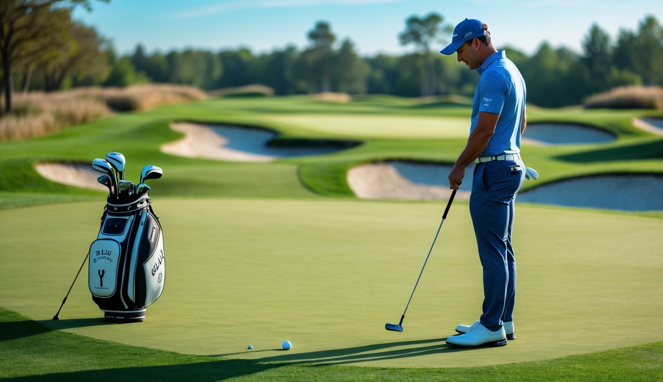 Seorang pegolf pria sedang memerhatikan lapangan golf dengan serius sambil memegang tongkat golf di lapangan hijau yang terawat.