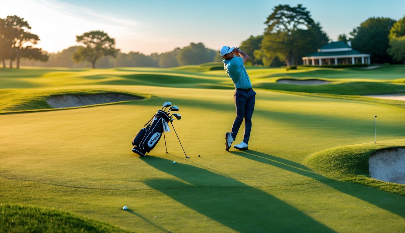 Seorang pegolf sedang mengayunkan stik golf di lapangan golf yang hijau dengan latar belakang langit biru dan clubhouse.