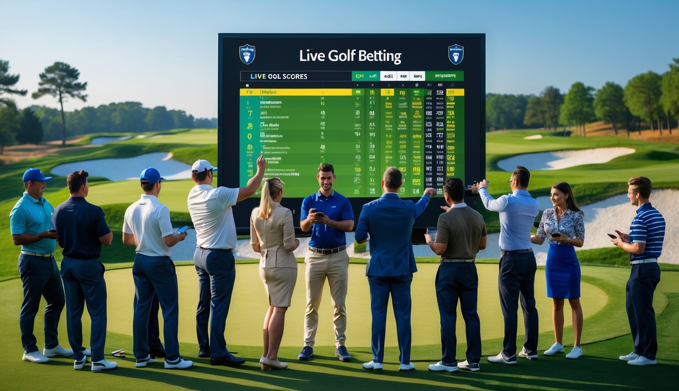 Sekelompok orang di lapangan golf yang sedang melihat papan skor digital dan menggunakan perangkat elektronik untuk taruhan golf langsung.