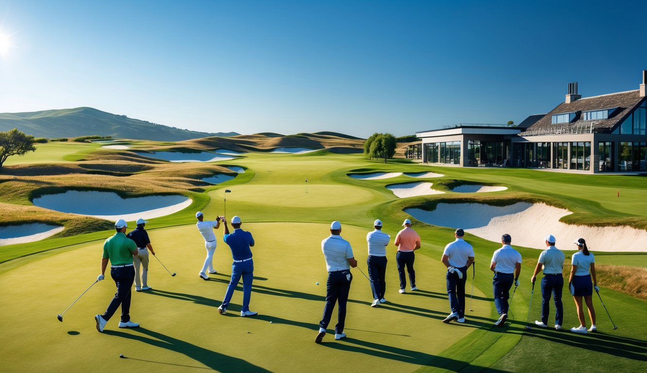 Lapangan golf mewah dengan beberapa pemain golf sedang bermain di bawah langit cerah.