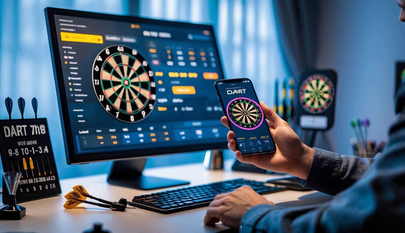 Seseorang menggunakan komputer dan ponsel untuk taruhan dart online di ruang kerja modern.