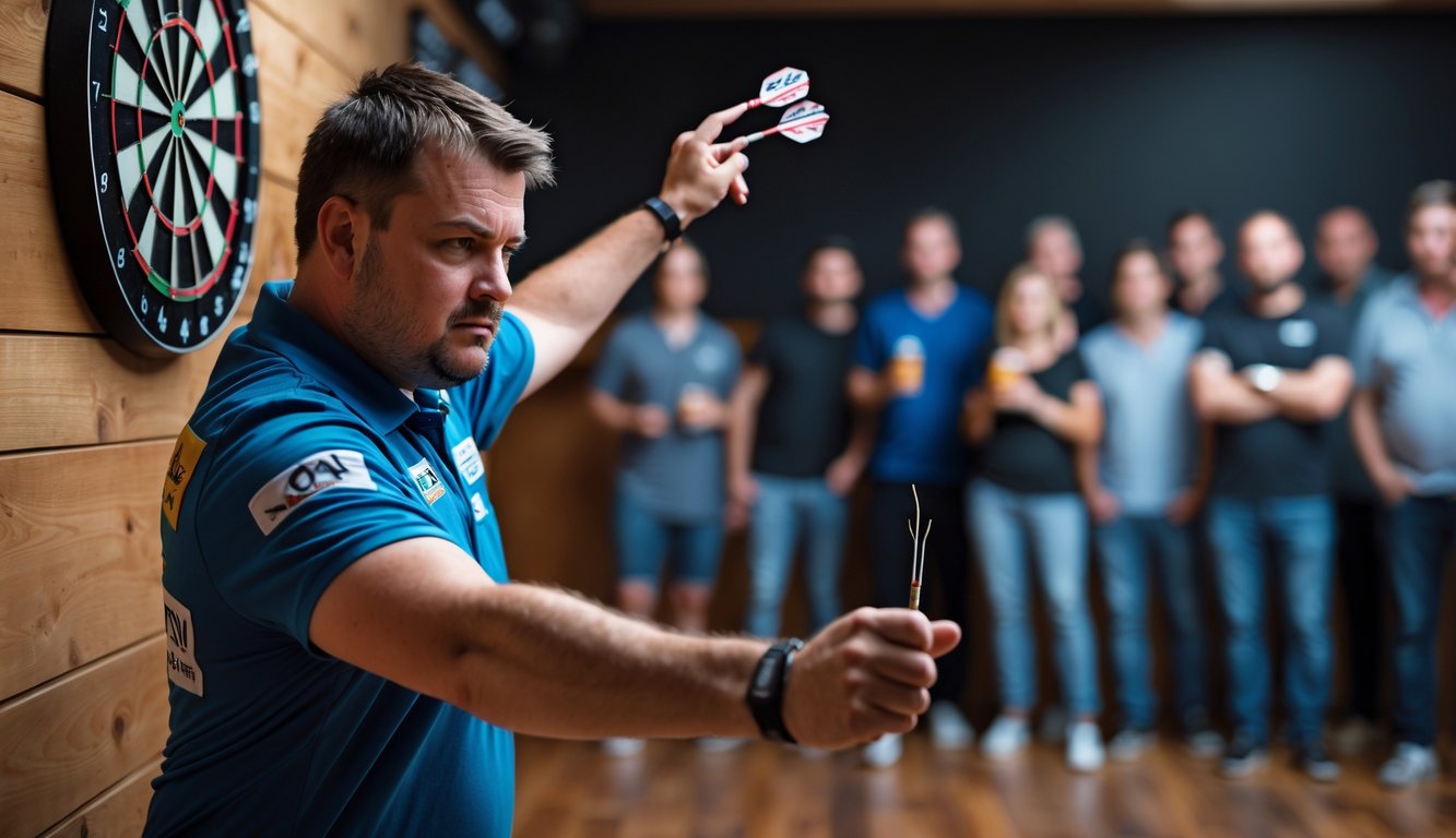 Seorang pemain melempar dart di sebuah tempat permainan dart dengan beberapa penonton yang memperhatikan.