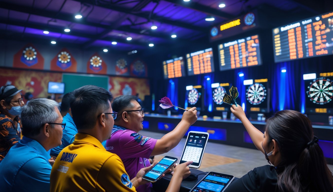 Orang-orang Indonesia sedang bertaruh langsung pada permainan darts di dalam ruangan dengan papan darts dan layar skor digital.