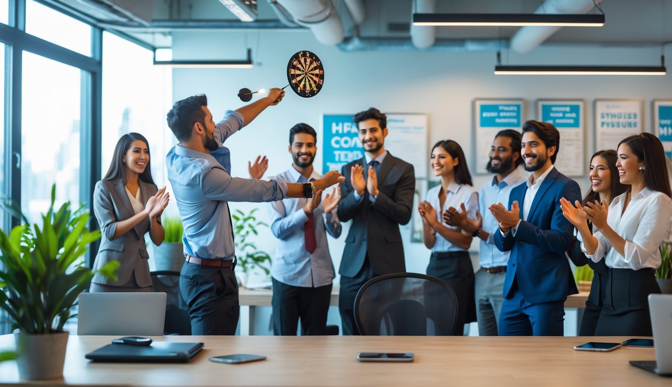 Sekelompok anggota baru yang bahagia merayakan pencapaian bonus di kantor dengan seorang pria melempar dart ke papan dart.