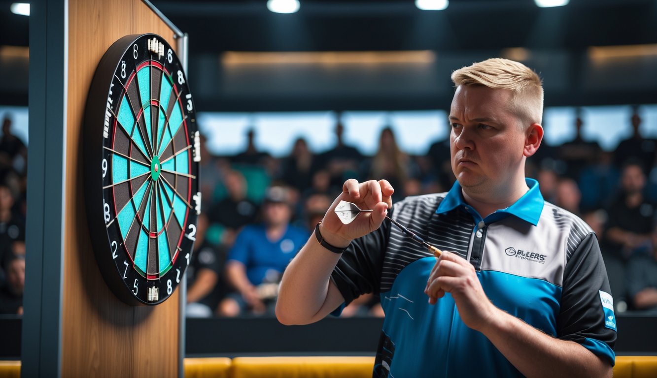 Seorang pemain darts sedang bersiap melempar dart di depan papan dart dengan penonton di latar belakang.