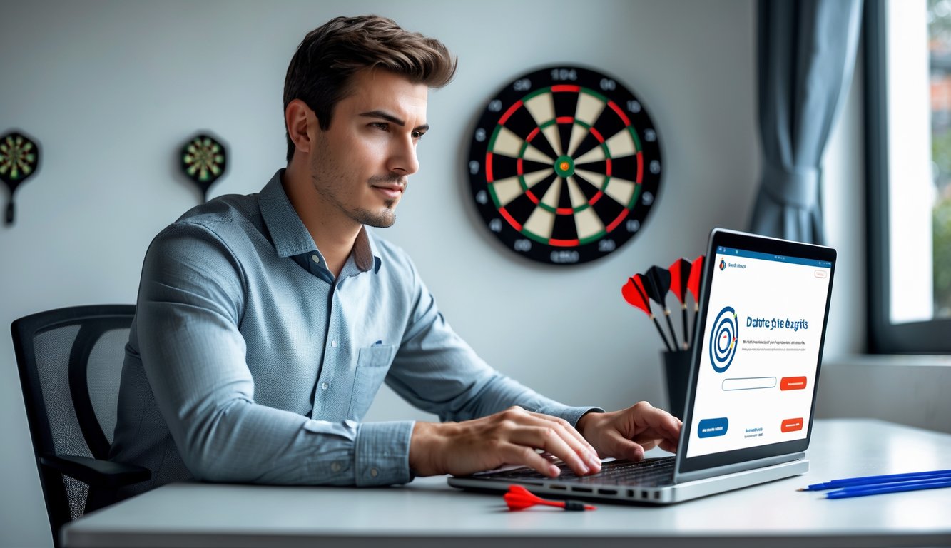 Seorang pria muda duduk di meja dengan laptop, sedang mendaftar di situs dart online dengan papan dart di latar belakang.