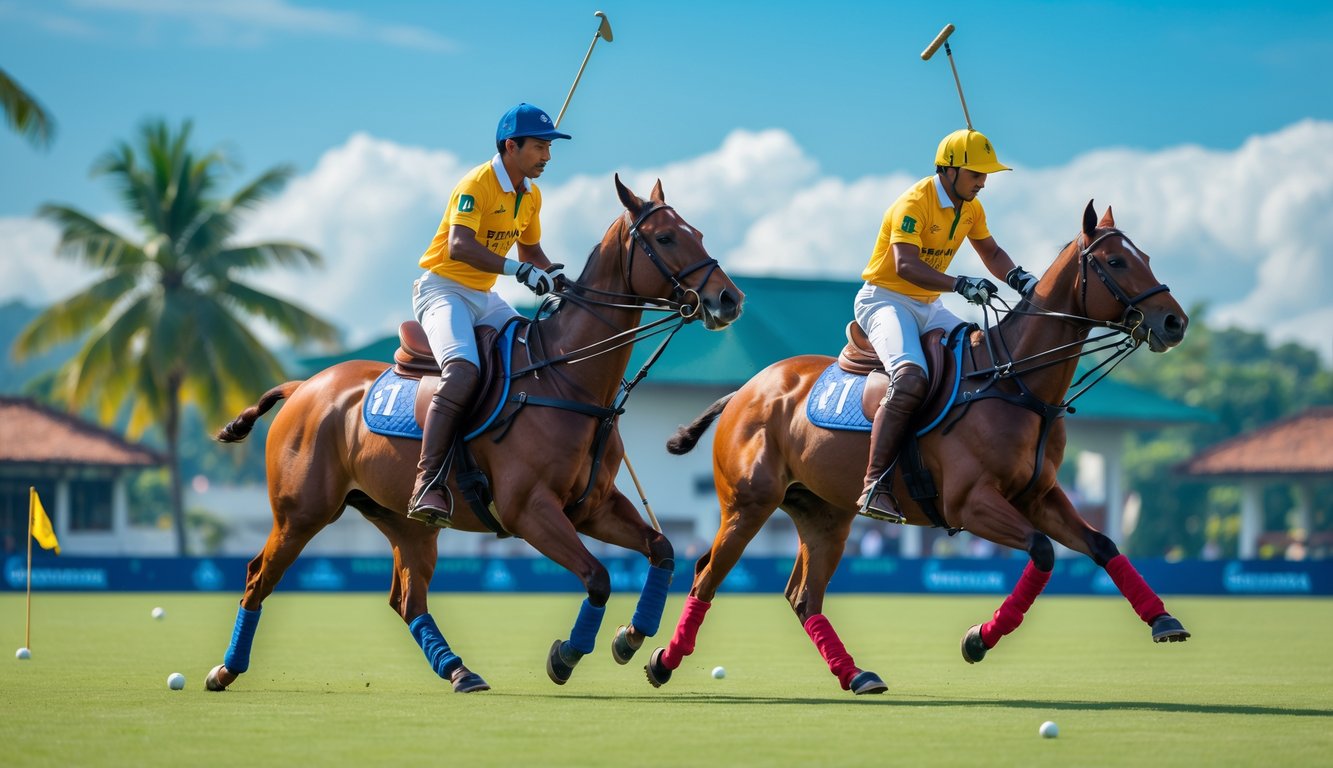 Pertandingan polo kuda dengan dua pemain yang sedang bermain di lapangan hijau di Indonesia, dengan latar belakang pohon tropis dan bangunan tradisional.