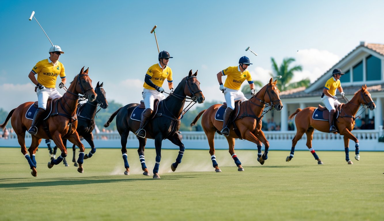 Pertandingan polo dengan pemain berkuda di lapangan hijau dan penonton di latar belakang.