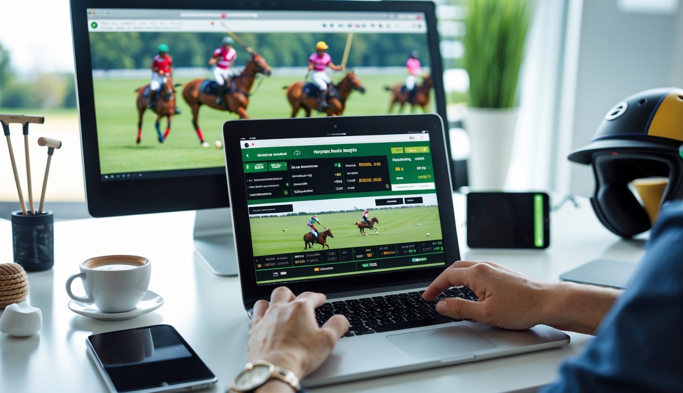 Seseorang menggunakan laptop dengan layar yang menampilkan pertandingan polo bola, di meja kerja yang rapi dengan perlengkapan olahraga polo di sampingnya.