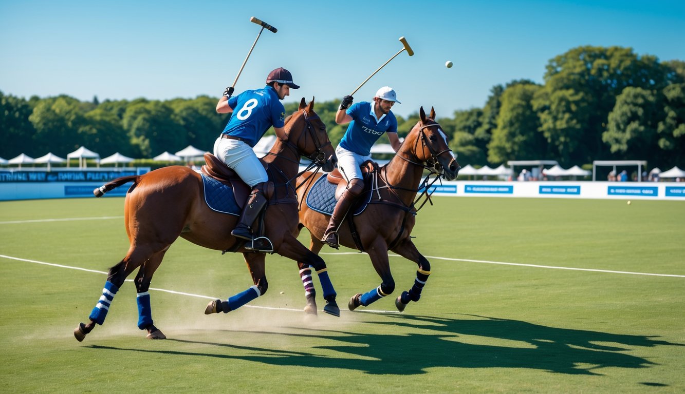 Dua pemain polo sedang bermain di lapangan hijau dengan kuda, mengenakan pakaian polo tradisional dan fokus pada permainan.