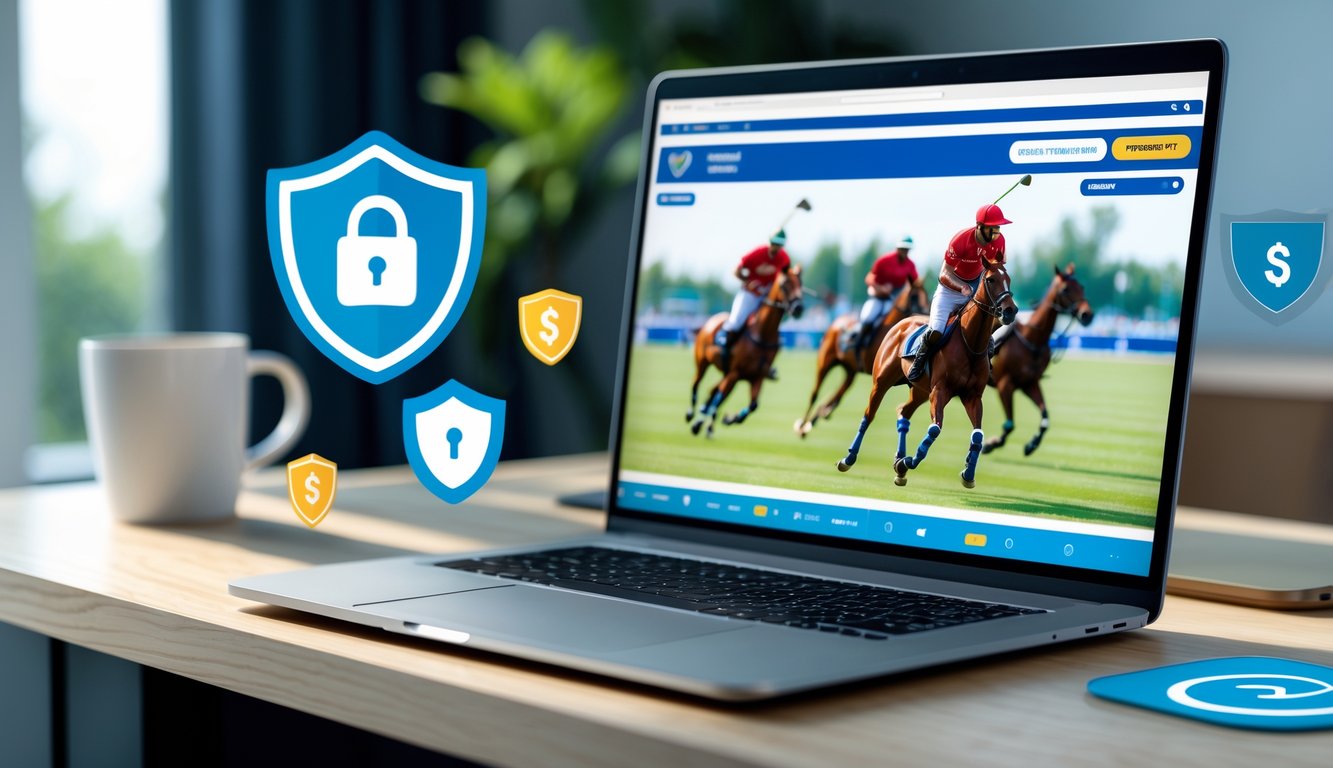 Seorang pria menggunakan laptop di meja modern dengan tampilan permainan polo digital di layar, dikelilingi ikon keamanan yang menunjukkan lingkungan taruhan polo online yang aman.