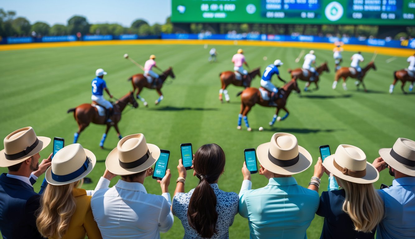 Orang-orang sedang memasang taruhan langsung pada pertandingan polo yang sedang berlangsung di lapangan hijau.