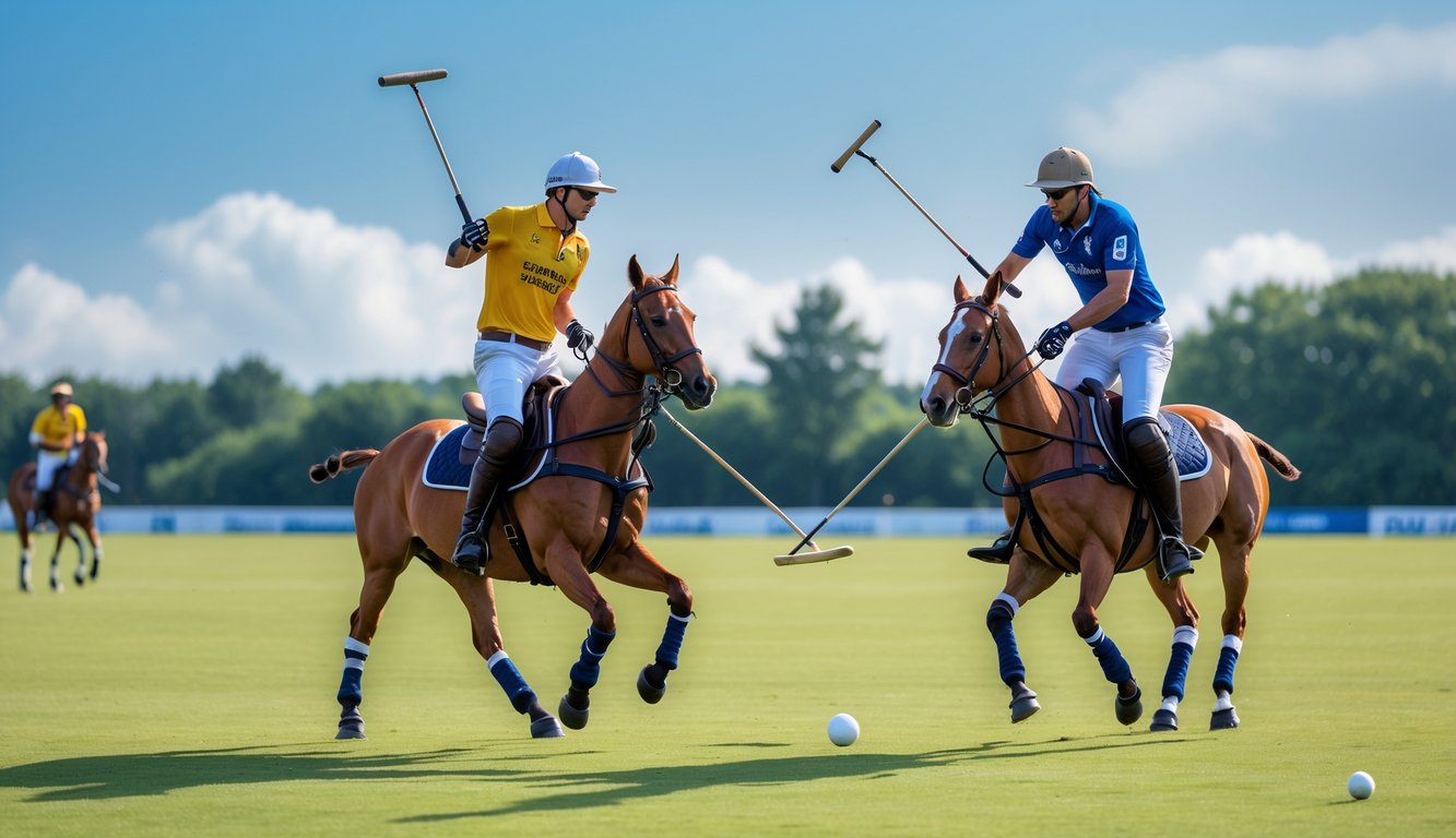 Dua pemain polo sedang bermain di lapangan hijau dengan kuda mereka, beraksi memukul bola polo di bawah langit cerah.