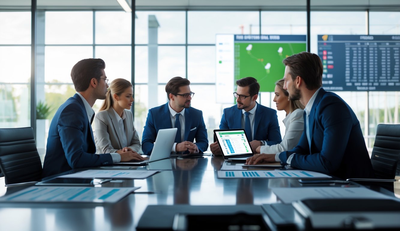 Sekelompok profesional sedang berdiskusi serius di ruang kantor dengan laptop dan dokumen tentang taruhan polo online.