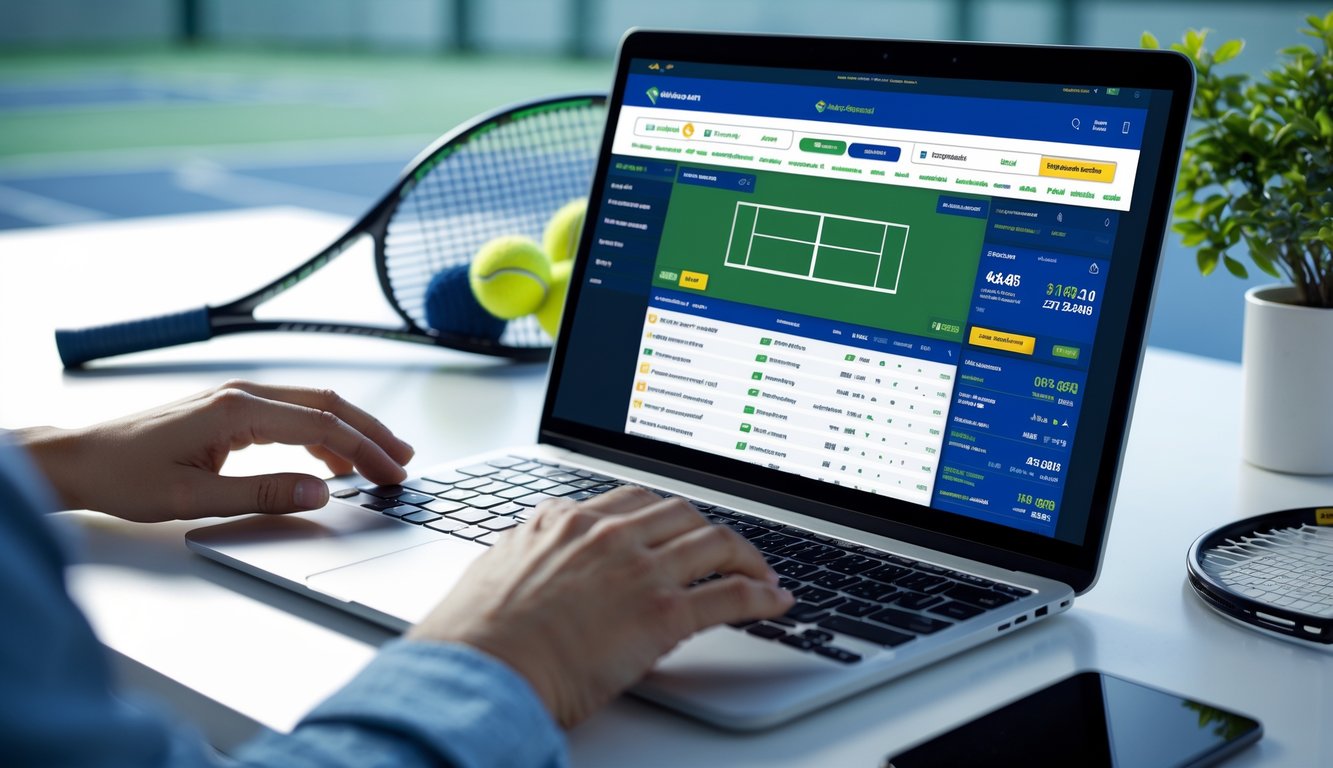 Seseorang menggunakan laptop dengan layar menampilkan situs taruhan tenis online, di meja terdapat raket dan bola tenis, dengan latar belakang lapangan tenis terlihat samar.