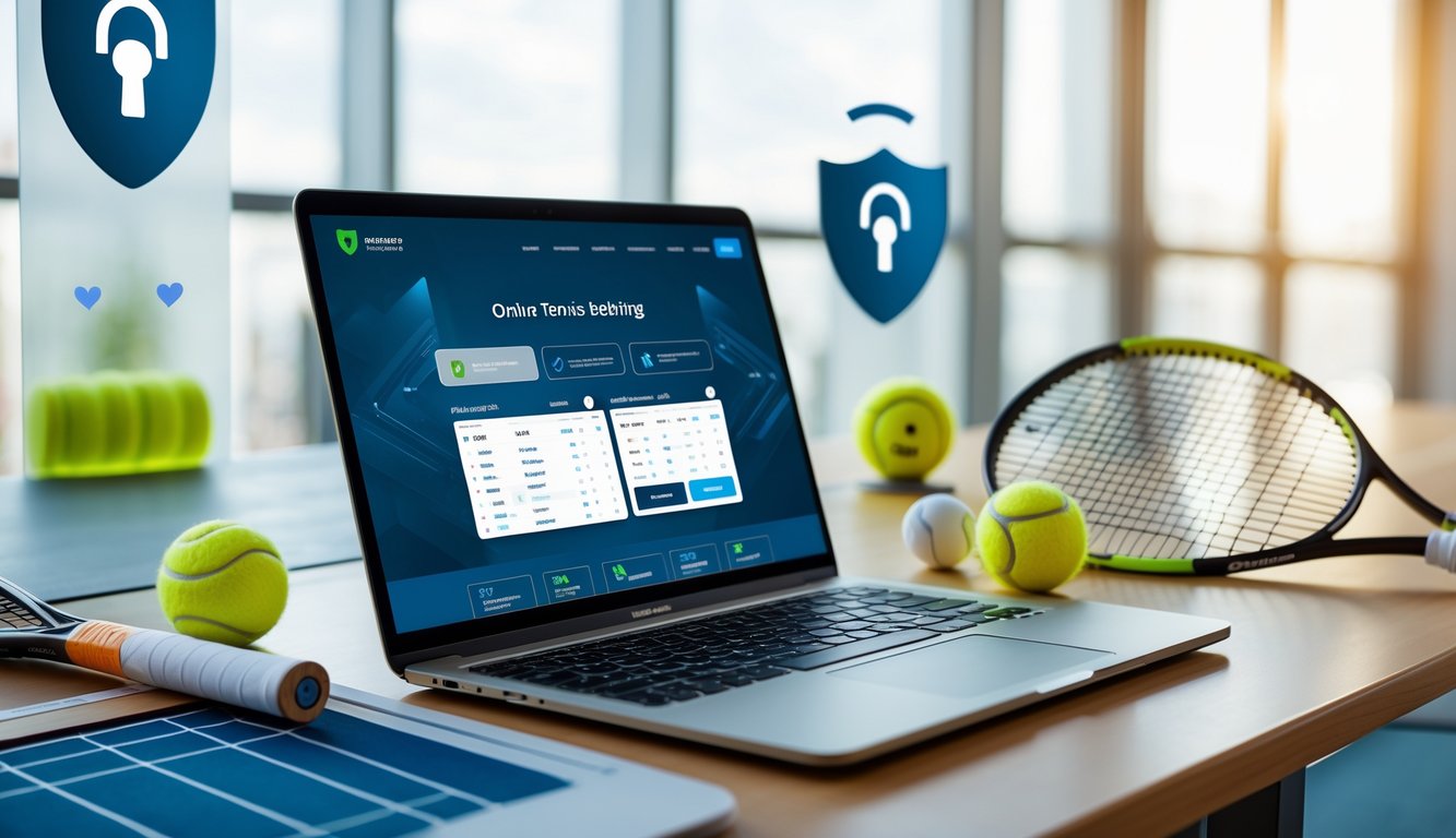 Seorang pengguna laptop dengan layar menampilkan situs taruhan tenis yang aman, dengan bola tenis dan raket di meja kayu.