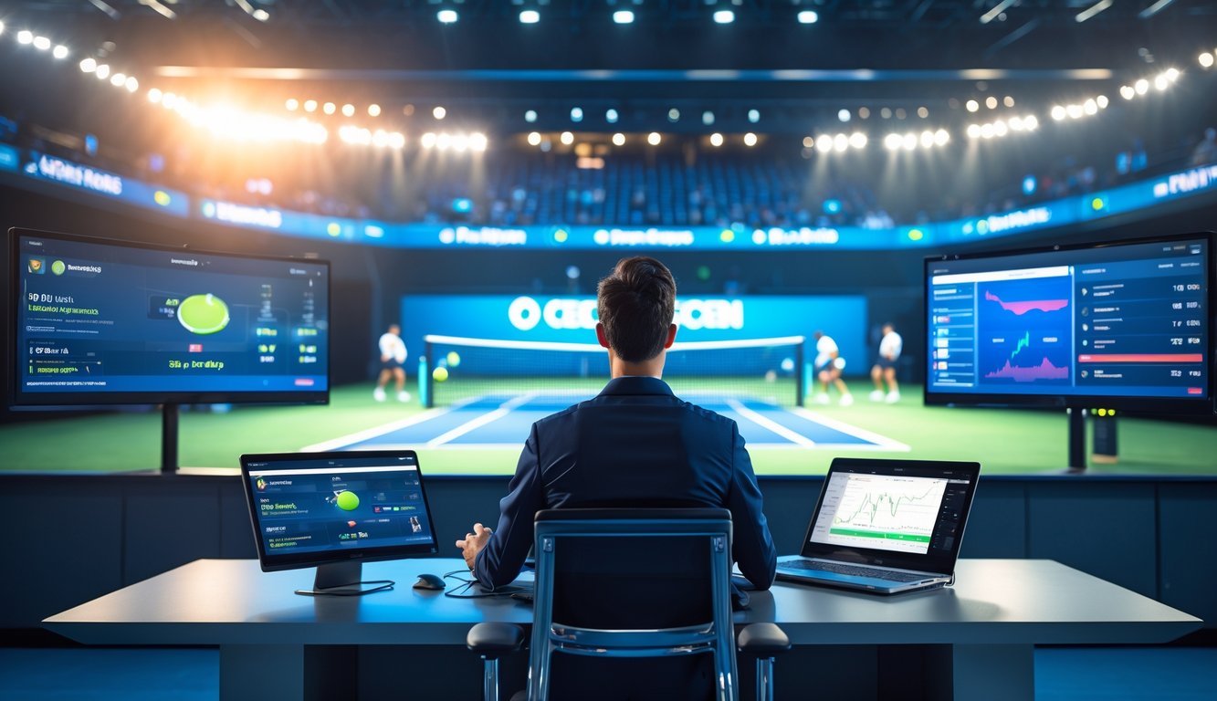 Seorang analis olahraga sedang memprediksi pertandingan tenis secara langsung di studio dengan layar besar dan data pertandingan di latar belakang.