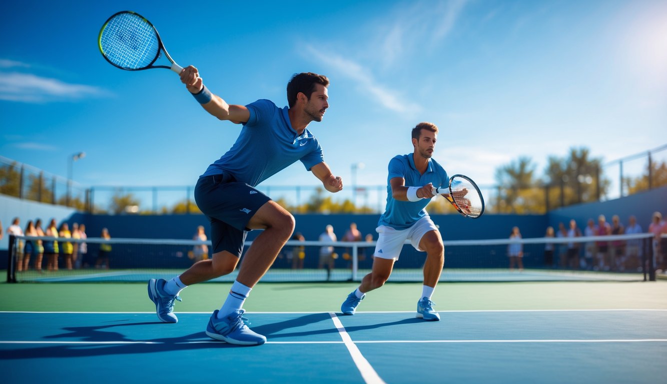 Dua pemain tenis sedang bermain di lapangan luar ruangan dengan penonton di latar belakang.