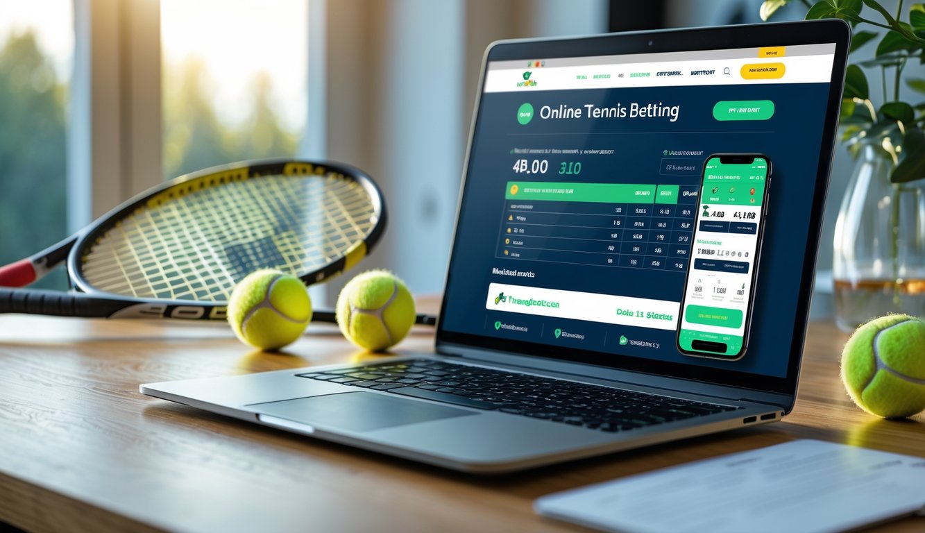 Meja kerja dengan laptop dan ponsel yang menampilkan situs taruhan tenis online, di samping raket dan bola tenis.