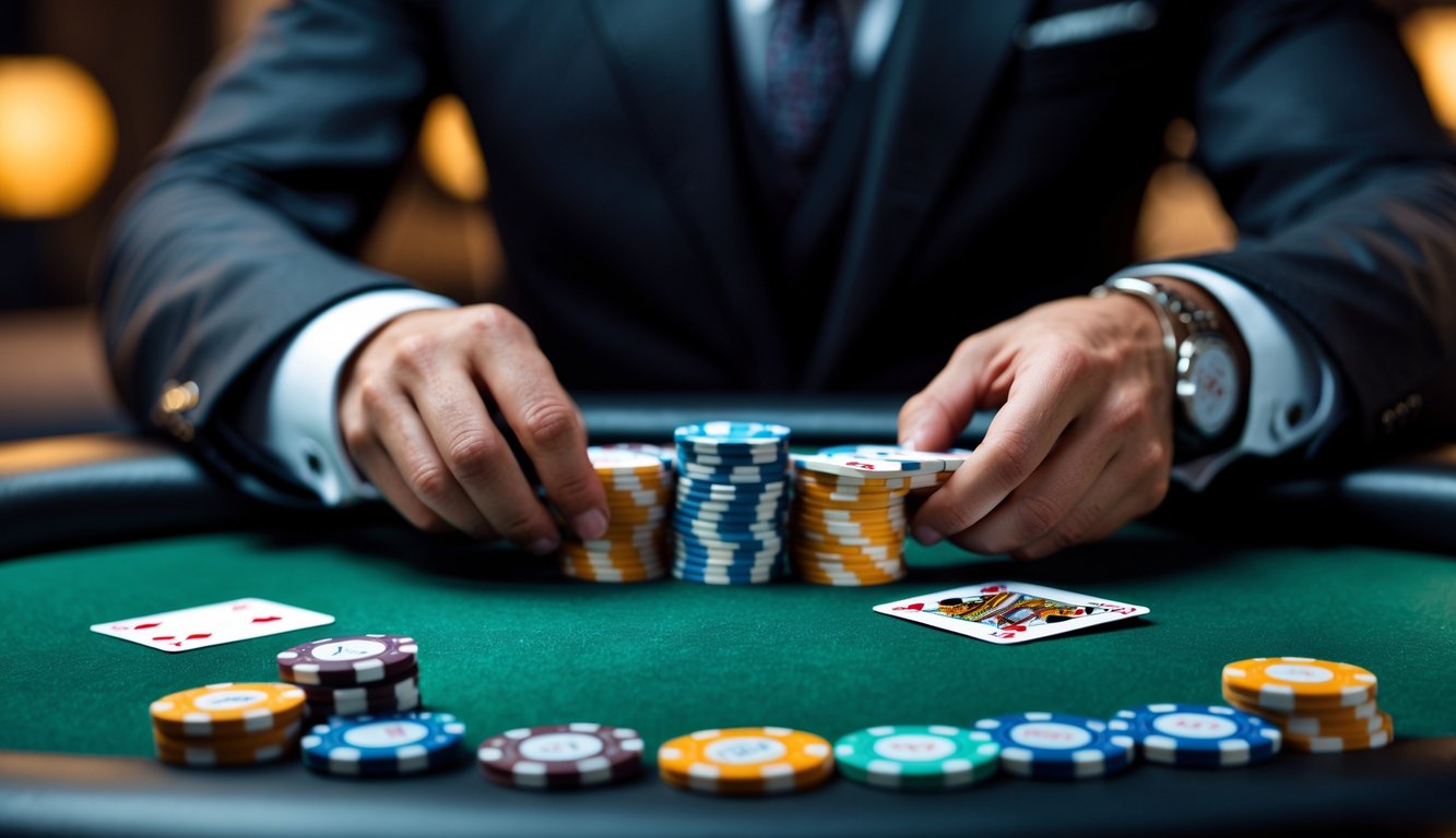Meja poker modern dengan tumpukan chip dan kartu, seorang dealer berpakaian rapi sedang membagikan kartu.