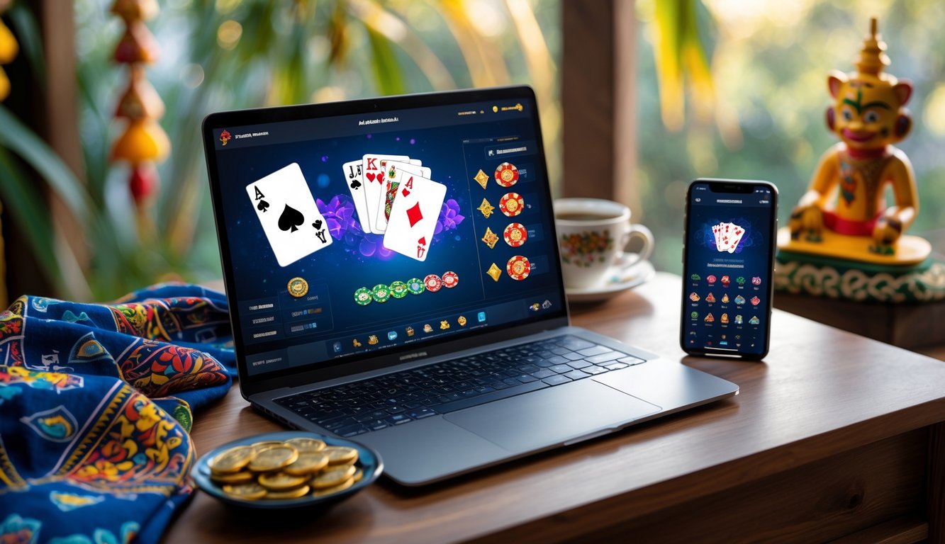 Seorang pemain menggunakan laptop untuk bermain poker online dengan kartu dan chip di layar, di meja terdapat kopi tradisional Indonesia dan ponsel dengan aplikasi poker.