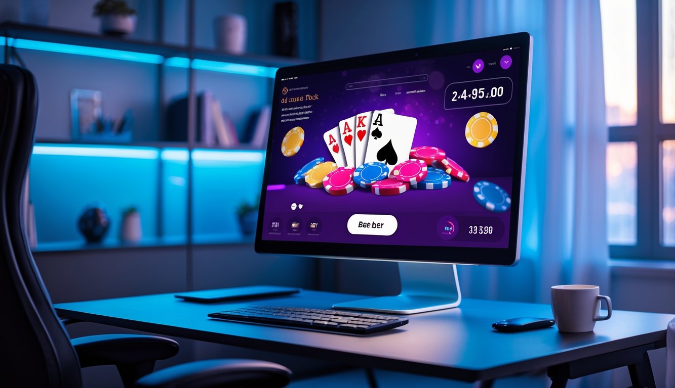 Sebuah meja kerja modern dengan komputer yang menampilkan permainan poker online, lampu ambient, dan suasana nyaman di dalam ruangan.