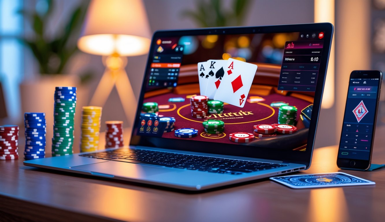 Seorang pemain poker online menggunakan laptop dengan kartu dan chip poker di atas meja yang rapi.